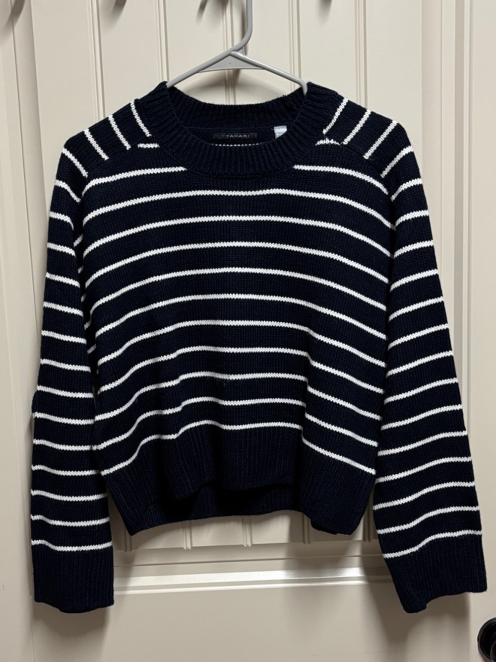 T Tahari Black & White Striped Crewneck Sweater